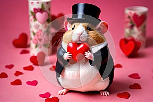 Cute chubby gentleman hamster in tuxedo holding heart, romantic valentine concept