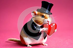 Cute chubby gentleman hamster in tuxedo holding heart, romantic valentine concept