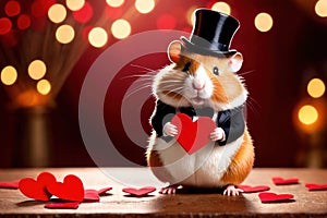 Cute chubby gentleman hamster in tuxedo holding heart, romantic valentine concept