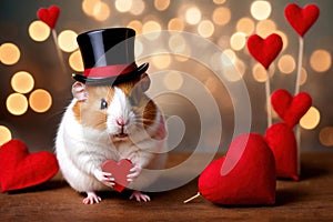 Cute chubby gentleman hamster in tuxedo holding heart, romantic valentine concept