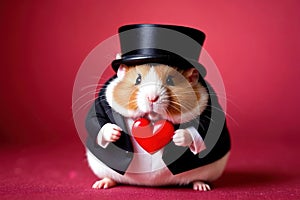 Cute chubby gentleman hamster in tuxedo holding heart, romantic valentine concept