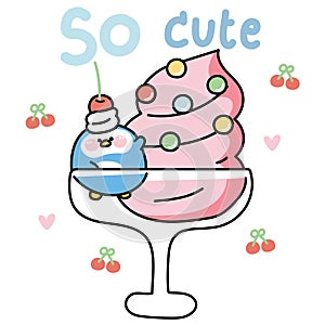 Cute chubby penguin ice cream with cherry cartoon.Fat funny animal character