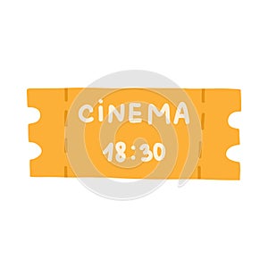 Cute cinema ticket to the evening movie in cartoon style. Admit one ticket for entertainment. Trendy stylized clipart in bright