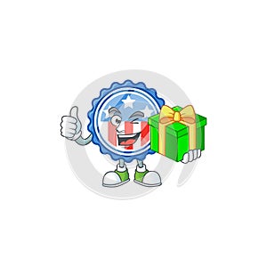Cute circle badges USA with star character holding a gift box