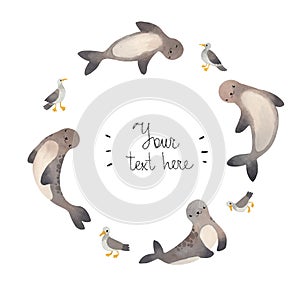 Cute circle frame watercolor swimming seal, pinniped. Kawaii illustration for children prints.