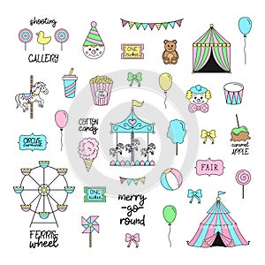 Cute circus carnival funfair vector set