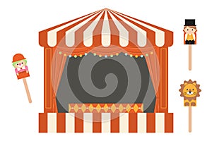 Cute circus cartoon vector illustration set: tent, lion, clown. Puppet theatre. Flat style