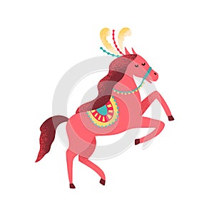 Cute circus horse decorated with feather and horsecloth. Childish shapito trained animal. Amusing cirque equine. Flat