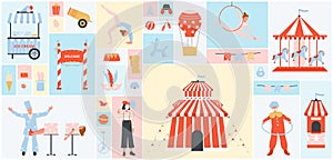 Cute circus square collage set vector illustration.