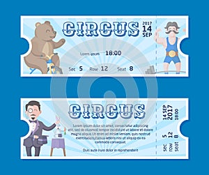 Cute circus ticket templates with happy bear on bicycle, strong man and mysterious magician illusionist with his magic hat