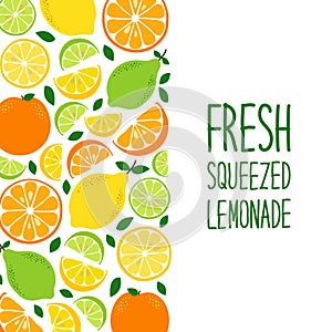 Cute Citrus Fruits Lemon, Lime and Orange background in vivid tasty colors ideal for Fresh Lemonade