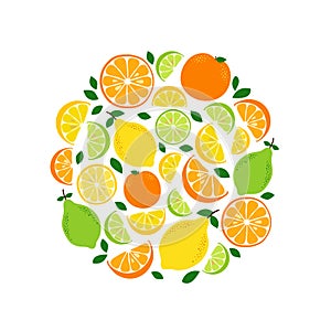 Cute Citrus Fruits Lemon, Lime and Orange background in vivid tasty colors ideal for Fresh Lemonade