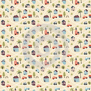 Cute city map Seamless Pattern, Cartoon town landscape background, vector Illustration