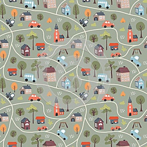 Cute city map Seamless Pattern, Cartoon town landscape background, vector Illustration