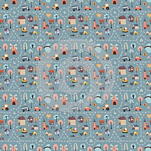 Cute city map Seamless Pattern, Cartoon town landscape background, vector Illustration