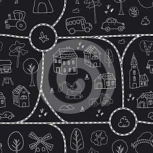 Cute city map Seamless Pattern, Cartoon town landscape background, vector Illustration