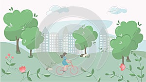 Cute cityscape with trees and flowers. Silhouettes of houses on the background of the suburbs vector design. Flat design