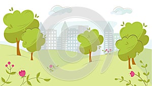 Cute cityscape with trees and flowers. Silhouettes of houses on the background of the suburbs vector illustration. Flat cartoon