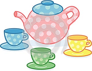 Cute classic style tea pot and cups illustration