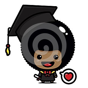 A cute and clever afro male cartoon character becomes a scholar wearing a bachelor costume