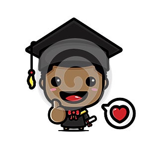 A cute and clever afro male cartoon character becomes a scholar wearing a bachelor costume