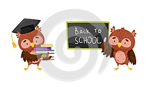 Cute clever owls set. Owlets standing at blackboard and holding stack of books cartoon vector illustration