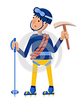 Cute climber with cartoon-style tools and crampons. Hobby and sport. Character for postcards, books, posters. Vector