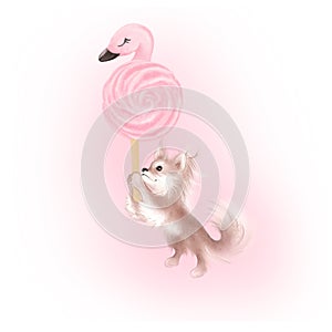 Cute clipart hand drawn illustration.  Chihuahua puppy flying on pink meringue cookie flamingo shape