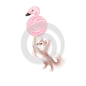 Cute clipart hand drawn illustration.  Chihuahua puppy flying on pink meringue cookie flamingo shape