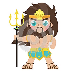 Cute clipart of Poseidon God of the sea, storms, horses, and earthquakes on a white background.