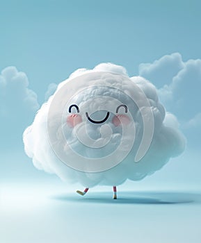 Cute cloud character on blue sky background. 3D Rendering.