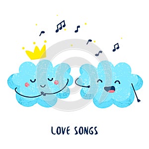 Cute cloud sings a love song for the princess. Flat style. Vector