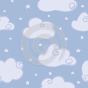 Cute cloud sky seamless pattern on blue background. Hand drawn night cloud sky wallpaper