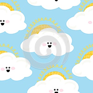 cute cloud and sun seamless pattern on light blue background
