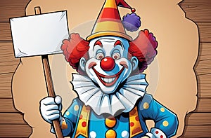 cute clown holding a piece of paper as announcement, promo or ad
