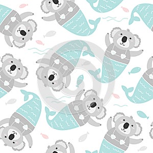 Cute coala mermaid sea seamless pattern. Kids background.