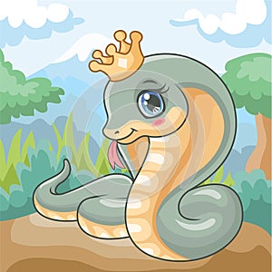 A cute cobra is wearing a king`s crown. with beautiful natural scenery