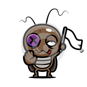 Cute cockroach animal cartoon character dying gives up holding a white flag