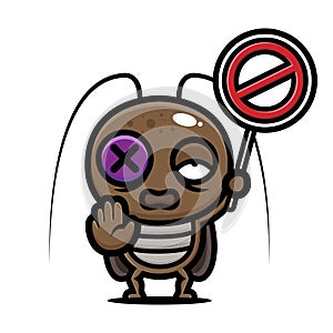 Cute cockroach animal cartoon character dying gives up with stop sign and is prohibited