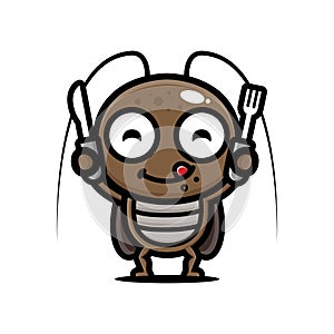The cute cockroach animal cartoon character is ready to eat with a spoon and fork