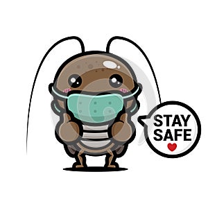 Cute cockroach animal cartoon characters wearing health masks with stay safe text