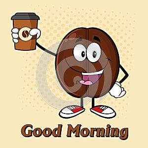 Cute Coffee Bean Cartoon Mascot Character Holding Up A Coffee Cup