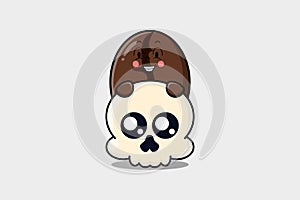 Cute Coffee bean cartoon character hiding in skull