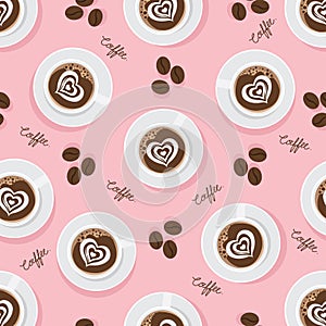 Cute coffee cup with heart shaped foam on top and coffee bean elements flat design