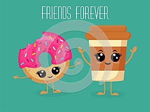 Cute coffee and a donut. Best friends. Cartoon comic characters. Use for card, poster, banner, web design and print on t-shirt.