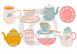 Cute Coffee or Tea Set, Design Elements with Teapot, Teacup, Saucer, Jug Milk and Napkin Vector Illustration