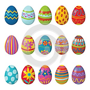 Cute collection of cartoon ornamental Happy Easter eggs isolated on white background. Clip art set of spring holiday treat.