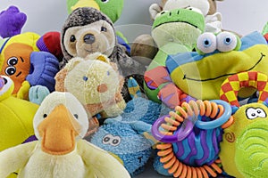 Cute collection of children`s stuffed animals and toys