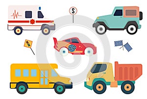 Cute collection colorful cars isolated on a white background. Icons for design of children\'s rooms, clothing, textiles