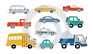 Cute collection colorful cars isolated on a white background. Icons in hand drawn style for design of children`s rooms